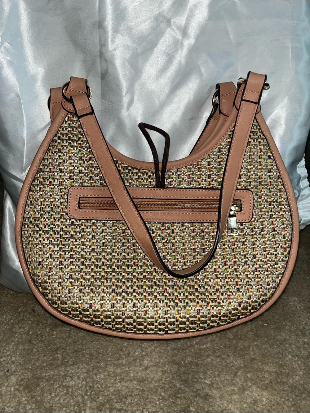 Woven Crescent Shoulder Bag in Tan and Multicolor